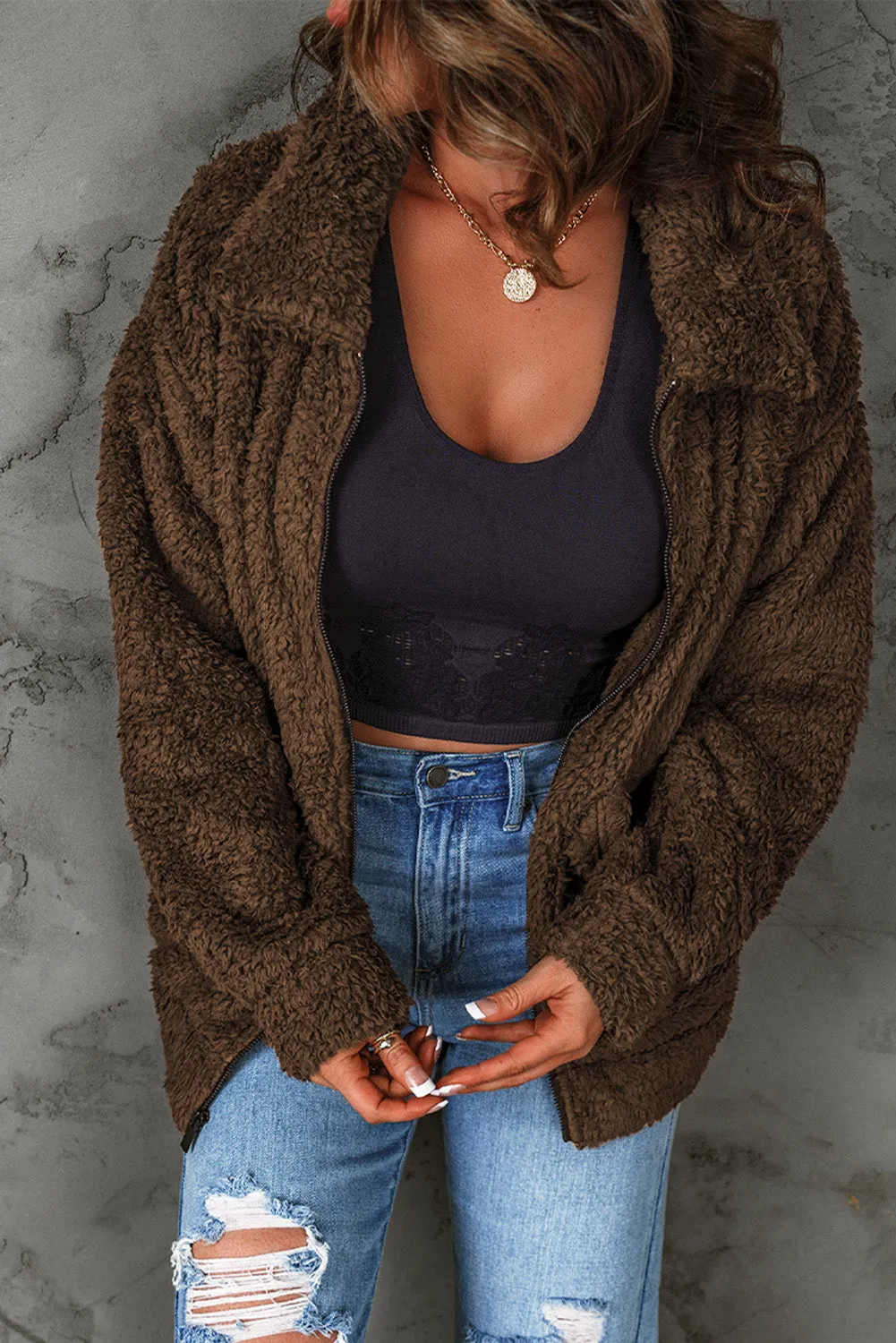 Brown Zip Up Teddy Jacket with Pockets