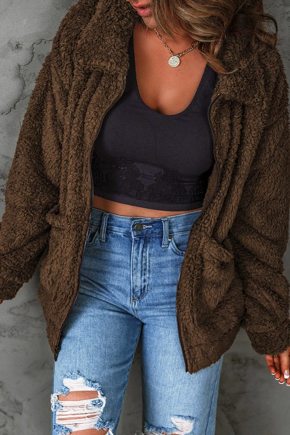 Brown Zip Up Teddy Jacket with Pockets