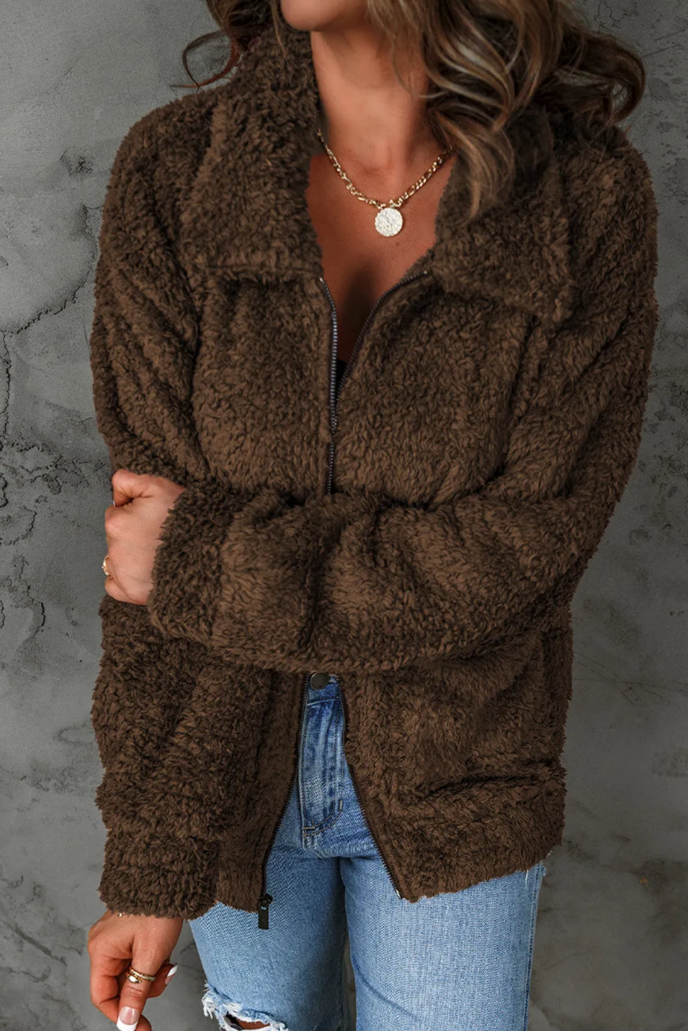 Brown Zip Up Teddy Jacket with Pockets