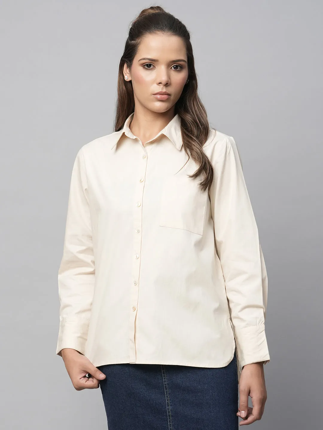 Crisp Poplin Shirt With Hi Low Hemline
