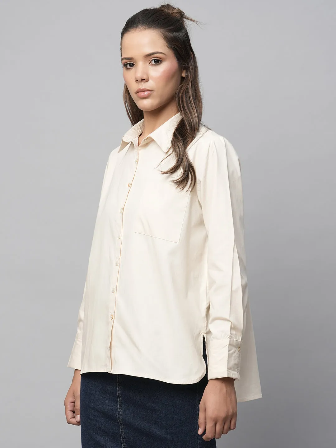 Crisp Poplin Shirt With Hi Low Hemline