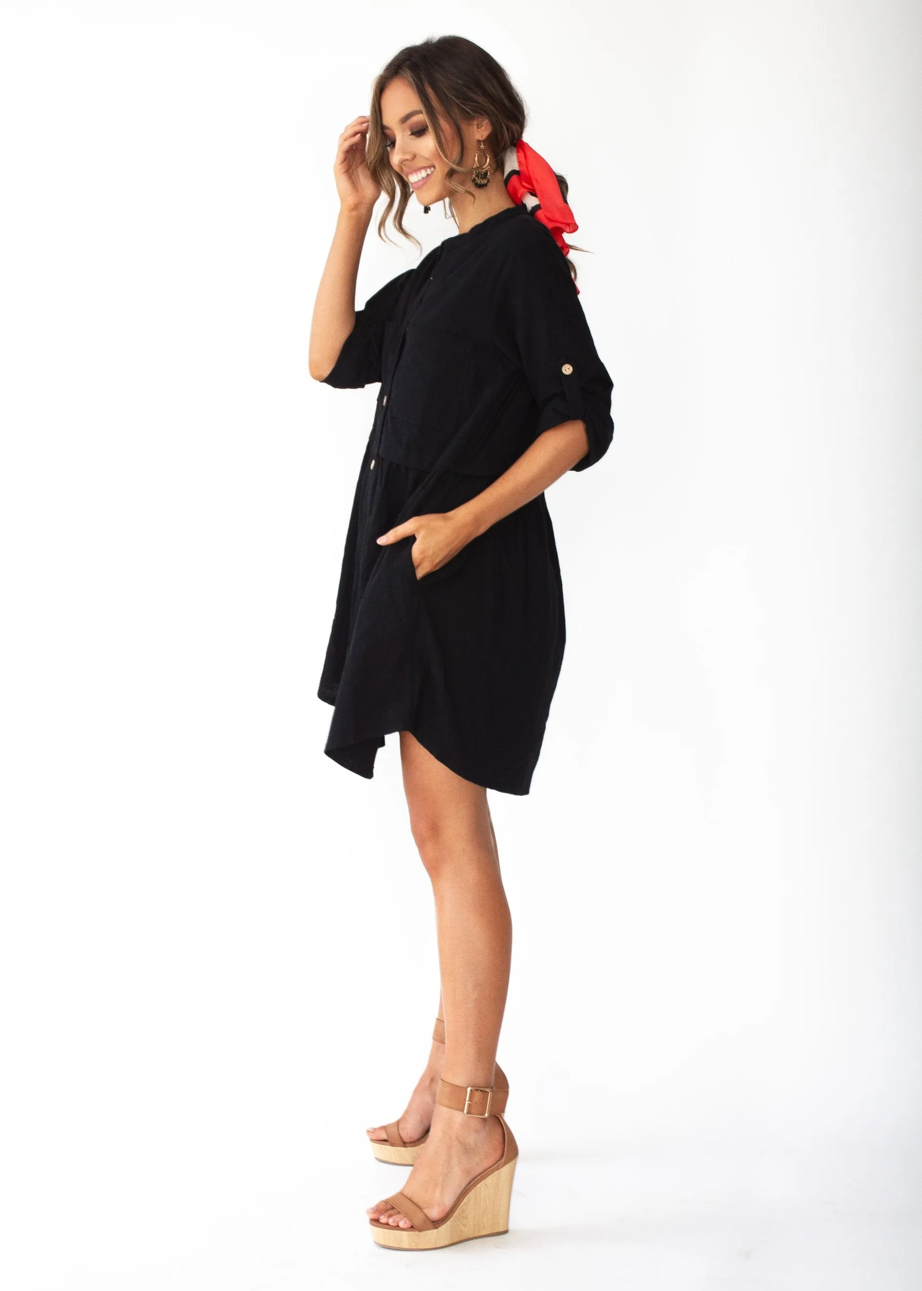 Laid Back Cotton Shirt Dress - Black