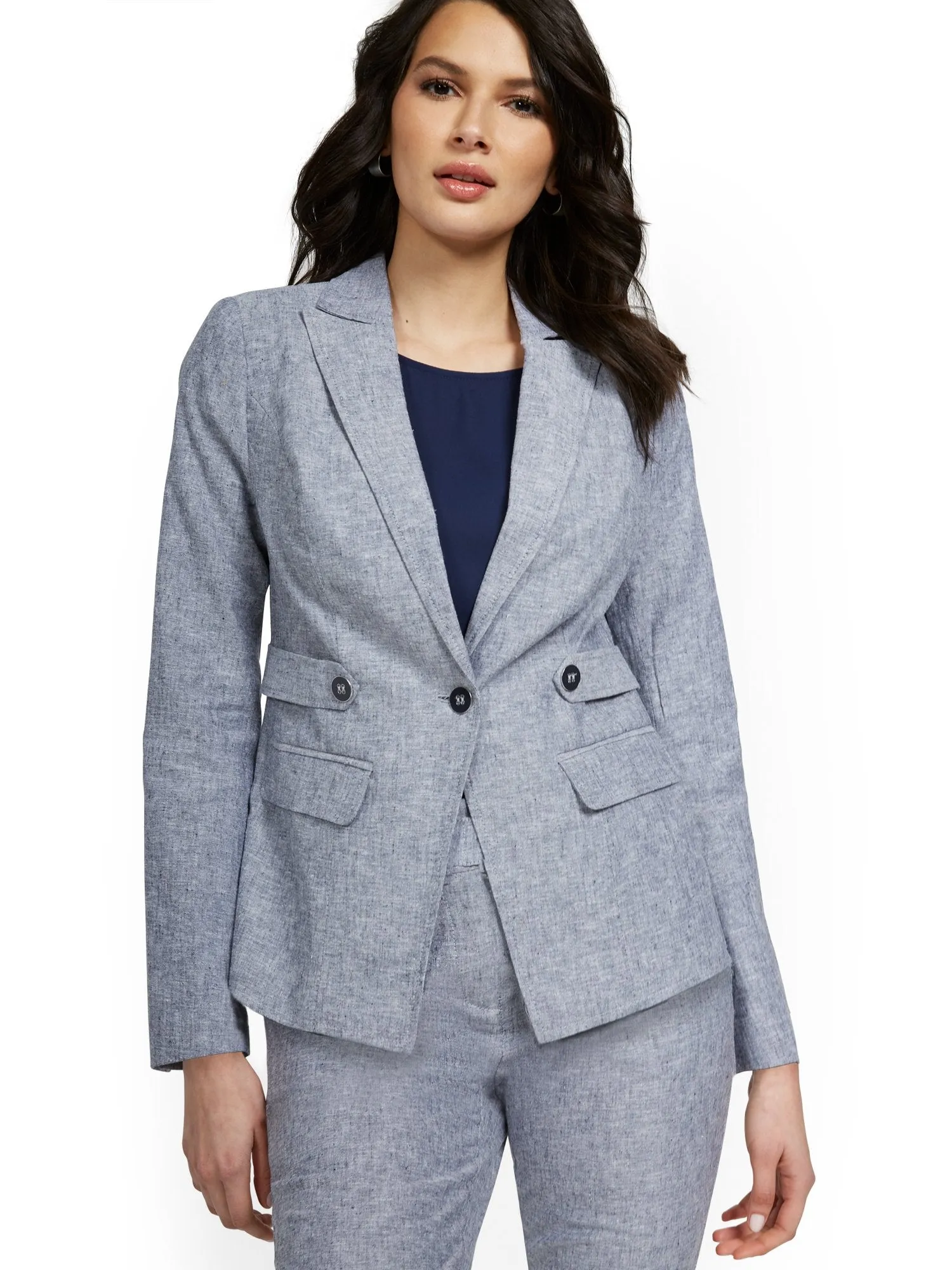 Linen-Blend Tab-Front Button Blazer