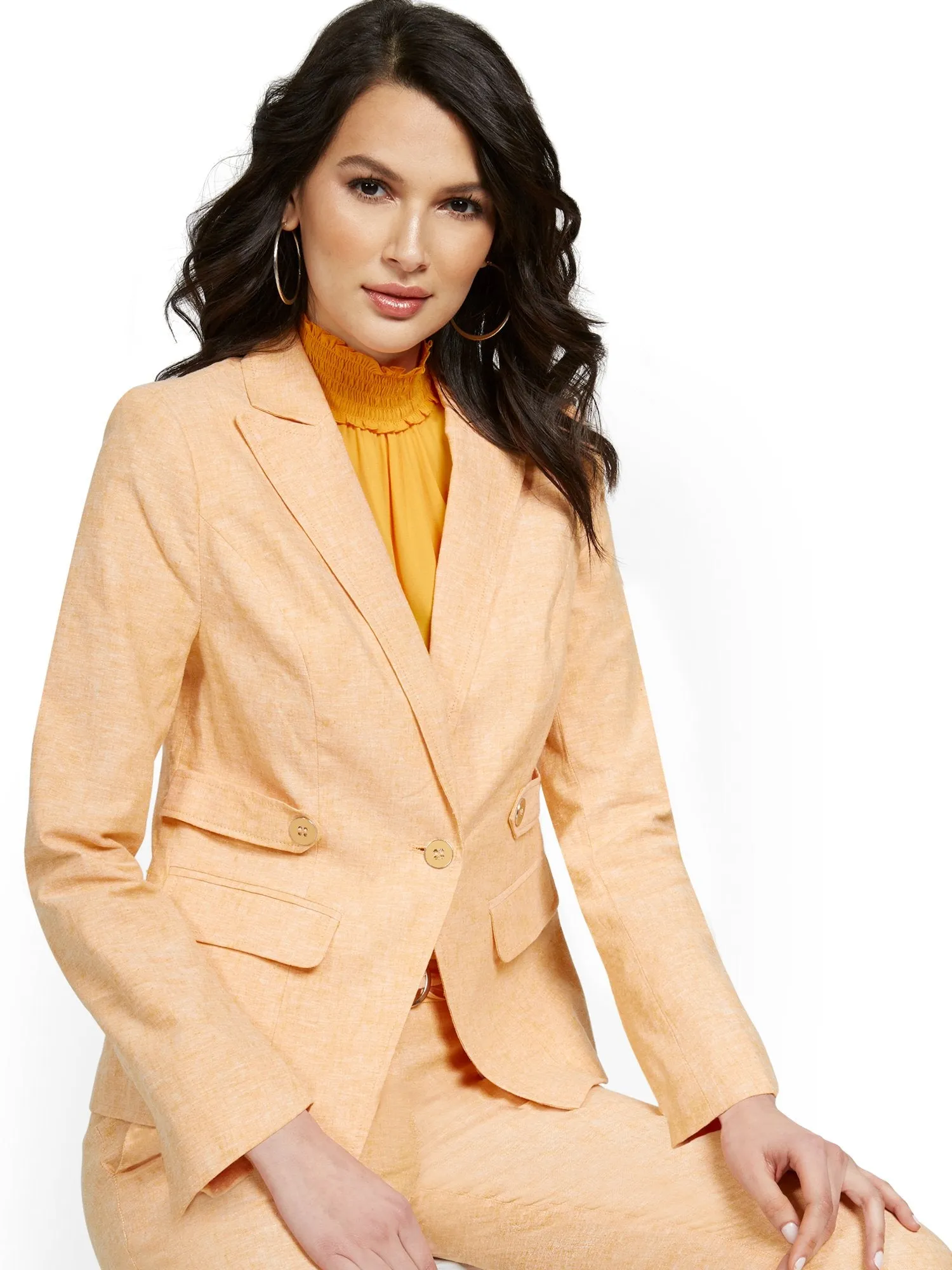 Linen-Blend Tab-Front Button Blazer