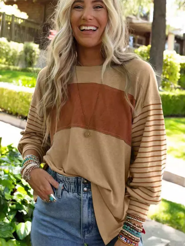Seraphina New Pullover Round Neck Casual Striped Color Collision Long Sleeve T-Shirt