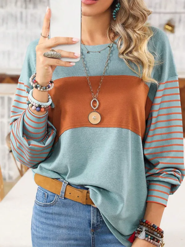 Seraphina New Pullover Round Neck Casual Striped Color Collision Long Sleeve T-Shirt