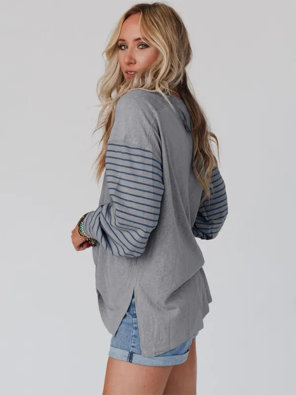 Seraphina New Pullover Round Neck Casual Striped Color Collision Long Sleeve T-Shirt