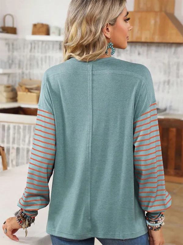 Seraphina New Pullover Round Neck Casual Striped Color Collision Long Sleeve T-Shirt