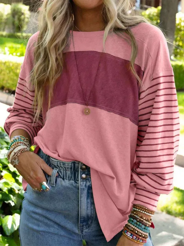 Seraphina New Pullover Round Neck Casual Striped Color Collision Long Sleeve T-Shirt