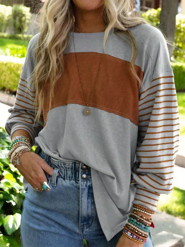 Seraphina New Pullover Round Neck Casual Striped Color Collision Long Sleeve T-Shirt