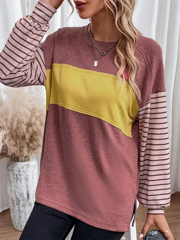 Seraphina New Pullover Round Neck Casual Striped Color Collision Long Sleeve T-Shirt