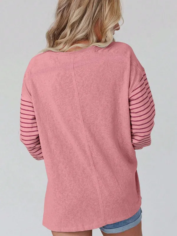 Seraphina New Pullover Round Neck Casual Striped Color Collision Long Sleeve T-Shirt