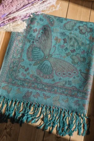 Xander Kostroma - Turquoise Vintage Butterfly & Tassel Pashmina Scarf for Women - Adds a Bohemian Twist to Classic Style - Soft Blend Fabric - 70cm x 180cm - Perfect Gift for Elegance and Comfort
